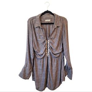We The Free Plaid Lace-Up Button Down Shirt in Brown and Cream
